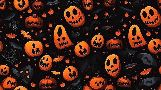 muchas calabazas y murciélagos de halloween están sobre un fondo negro