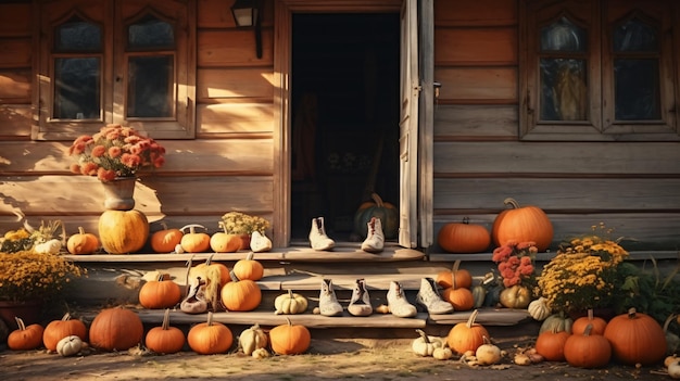 Muchas calabazas en los pies de una casa de pueblo