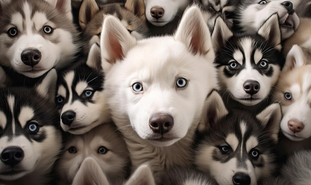 Foto muchas caras de los perros husky