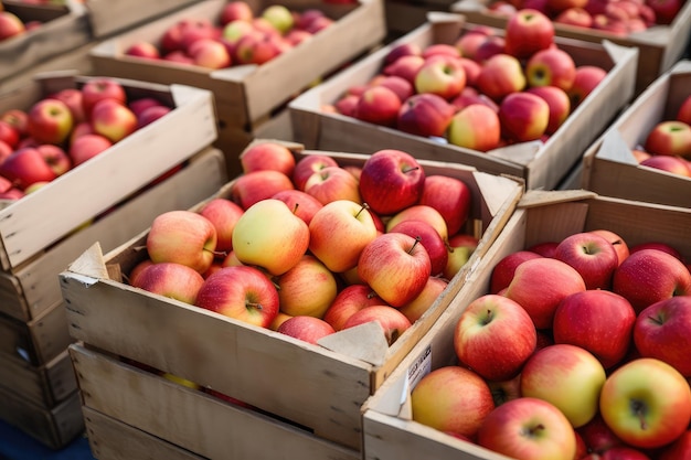 Muchas cestas con manzanas frescas y maduras a la venta en el mercado de IA generativa