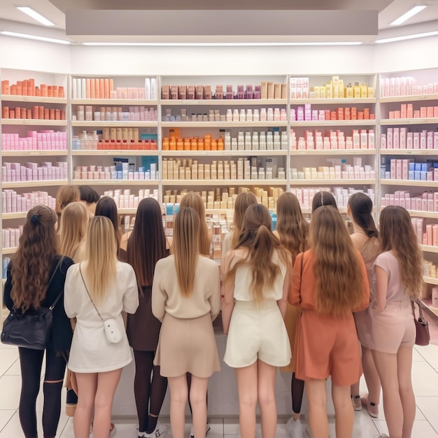 Muchas chicas diferentes en la tienda de cosméticos.