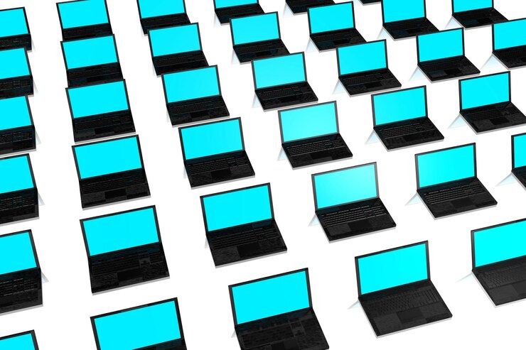 Foto muchas computadoras portátiles en la ilustración 3d de fondo blanco
