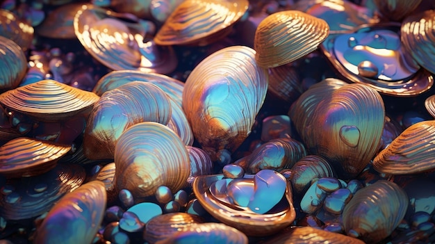 Muchas conchas brillantes de color turquesa en el fondo
