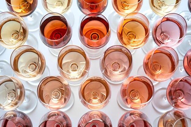 Muchas copas de vino blanco rosadas y blancas alineadas