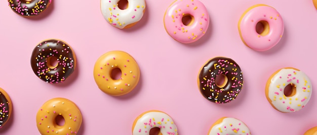 Muchas deliciosas donas sobre fondo rosa