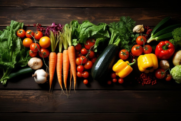 Muchas diferentes diversas verduras crudas frescas en la mesa de madera rústica fondo copia espacio saludable