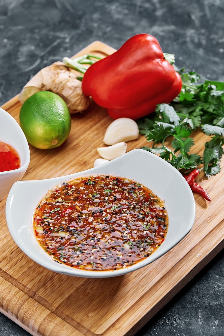 Foto muchas especias, verduras e ingredientes diferentes y hierbas frescas para hacer salsa casera.