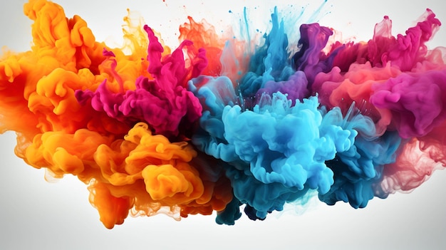 Muchas explosiones de pólvora coloridas en fondo blanco Manchas de pintura multicolor