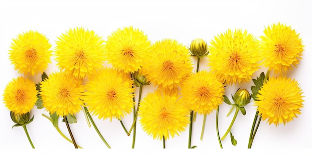 Muchas flores de diente de león en fondo blanco hermosas flores amarillas de cerca y de arriba