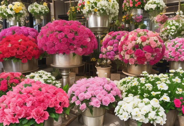 Muchas flores diferentes en una floristería al aire libre