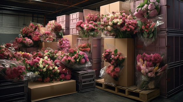 Foto muchas flores empaquetadas en cajas refrigerador almacén