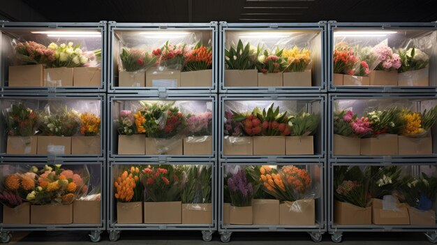 muchas flores empaquetadas en cajas refrigerador almacén