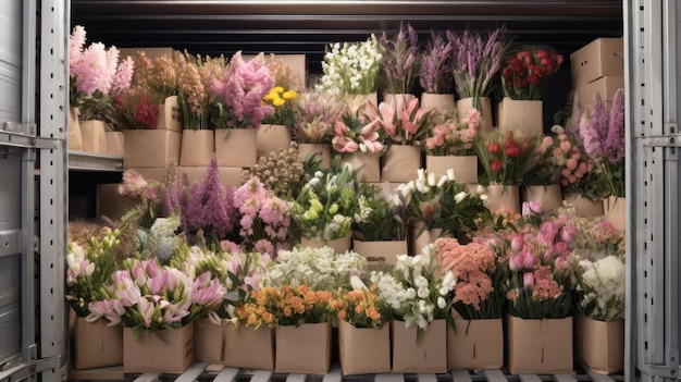 muchas flores empaquetadas en cajas refrigerador almacén