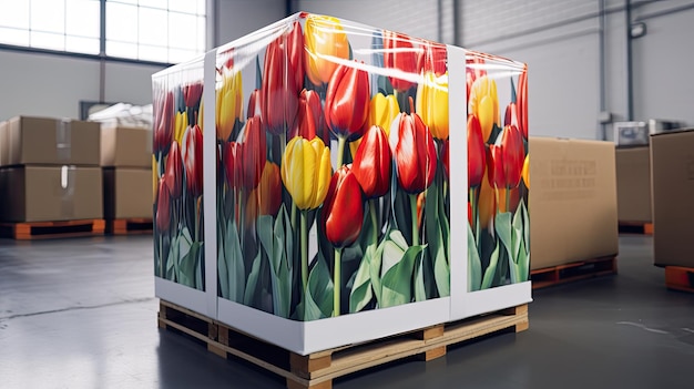 Foto muchas flores empaquetadas en cajas refrigerador almacén