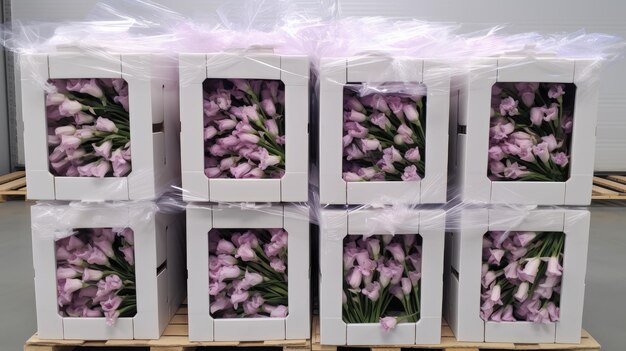 muchas flores empaquetadas en cajas refrigerador almacén