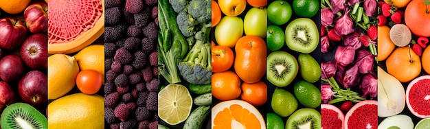 Muchas fotos diferentes de ensaladas de verduras están dispuestas verticalmente en un collage de fotos en fila IA generativa