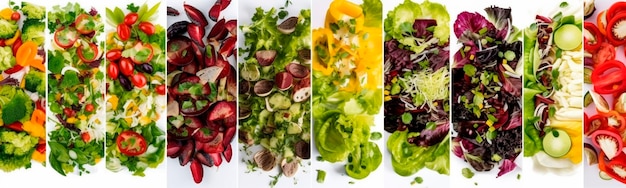 Muchas fotos diferentes de ensaladas de verduras están dispuestas verticalmente en un collage de fotos en fila IA generativa