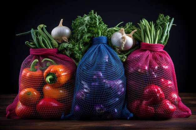 Muchas frutas y verduras en el saco.