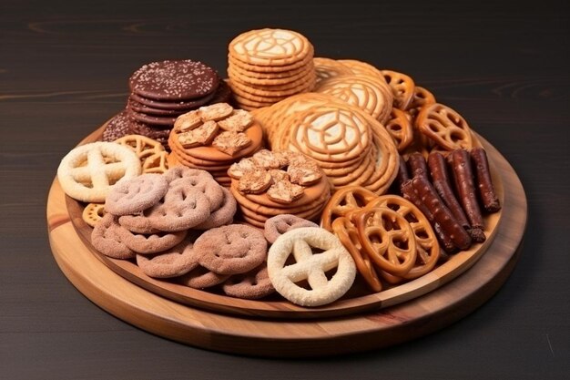 Muchas galletas dulces en un plato de madera