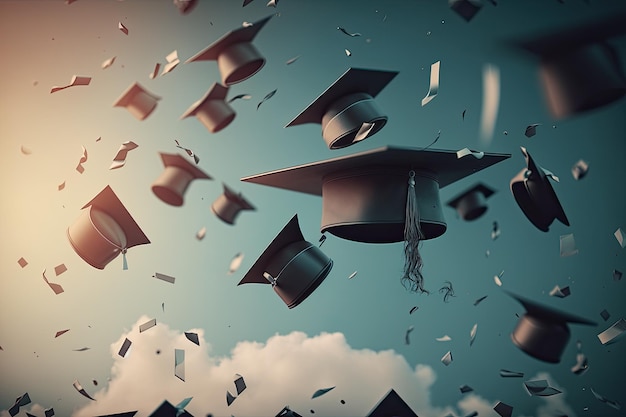 Muchas gorras de graduación lanzadas al aire con fondo de cielo luz de la tarde Ceremonia día de graduación Ai generativo