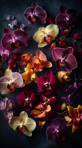 Muchas hermosas flores de orquídeas brillantes multicolores sobre un hermoso fondo floral negro brillante