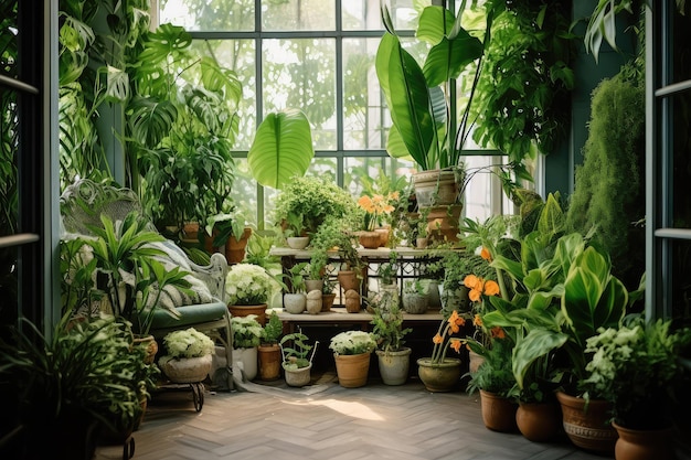 Muchas hermosas plantas verdes y exuberantes en la terraza.