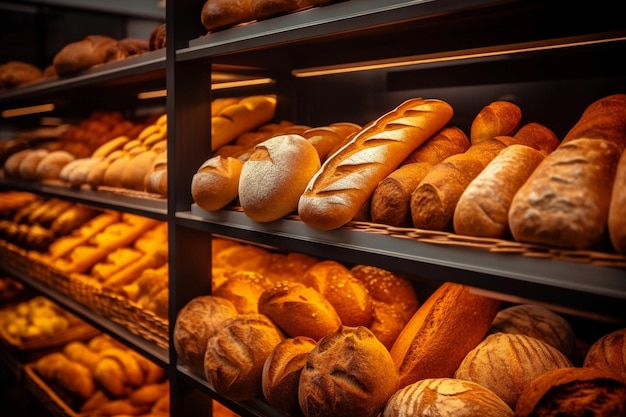 Muchas hogazas de diferentes tipos de pan en un supermercado en exhibición