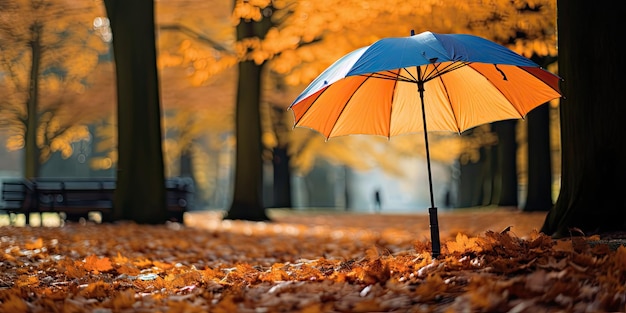 Muchas hojas de color naranja en el suelo en un parque Hay un paraguas azul