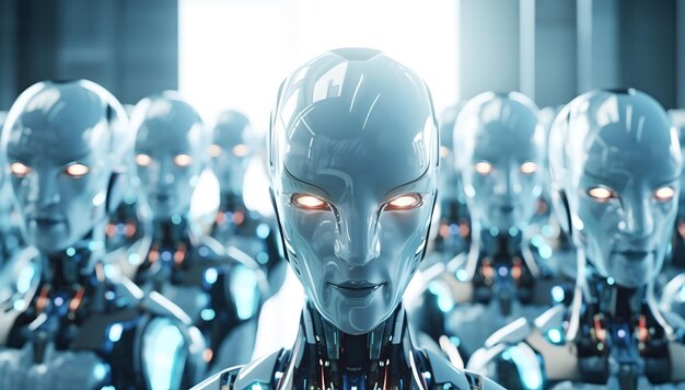 Muchas IA idénticas en la oficina y trabajando un robot está mirando la cámara inteligencia artificial