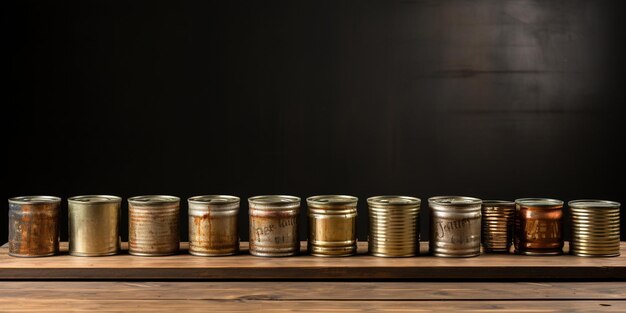 Muchas latas cerradas sobre una mesa marrón colocaban espacio para el texto.