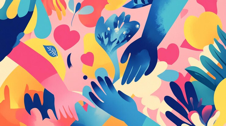 Muchas manos coloridas extendiéndose mostrando amor y apoyo