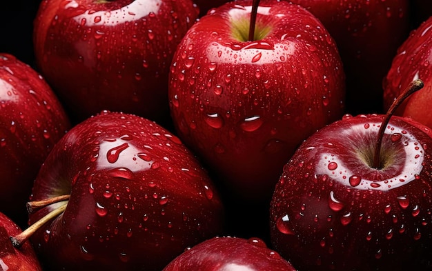 las muchas manzanas rojas están cubiertas con gotas de agua en el estilo de acabado metálico elegante
