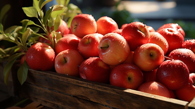 Muchas manzanas rojas frescas en cajas de madera Ai generativo