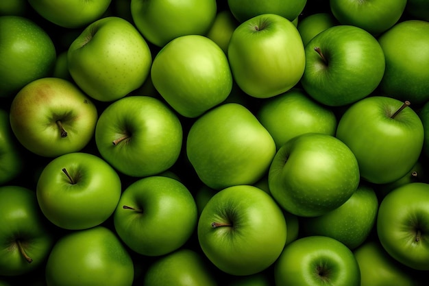 Muchas manzanas verdes se apilan juntas