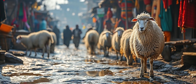 muchas ovejas caminando por la calle bajo la lluvia