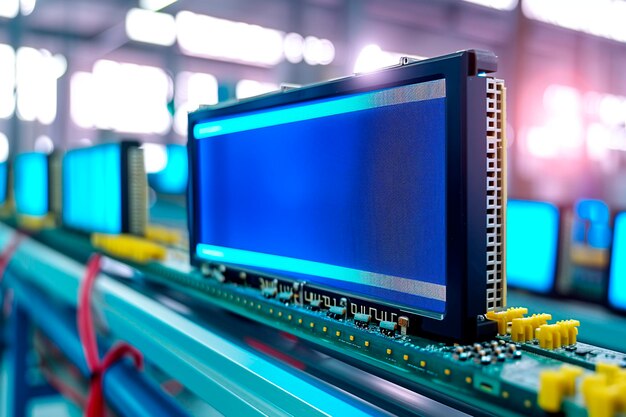 Foto muchas pantallas lcd en una mesa con microcircuitos y microchips y elementos de conexión en un conjunto