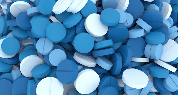 Muchas pastillas azules de cerca, ilustración 3d