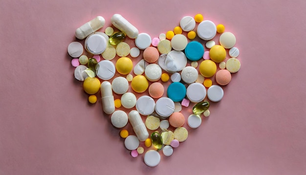 Muchas pastillas y pastillas diferentes plegadas en forma de corazón sobre un fondo rosado muchas pastillas