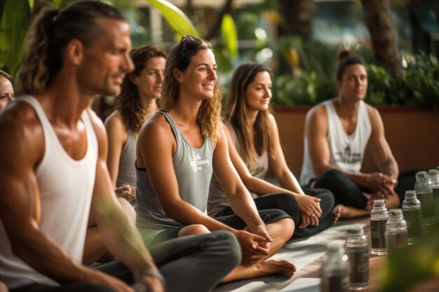 muchas personas están involucradas en prácticas de meditación en el patio de una casa grande