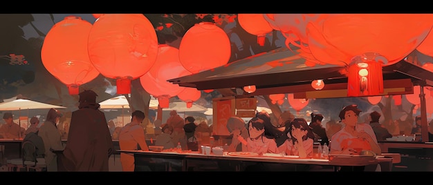 muchas personas de pie alrededor de una mesa con linternas rojas
