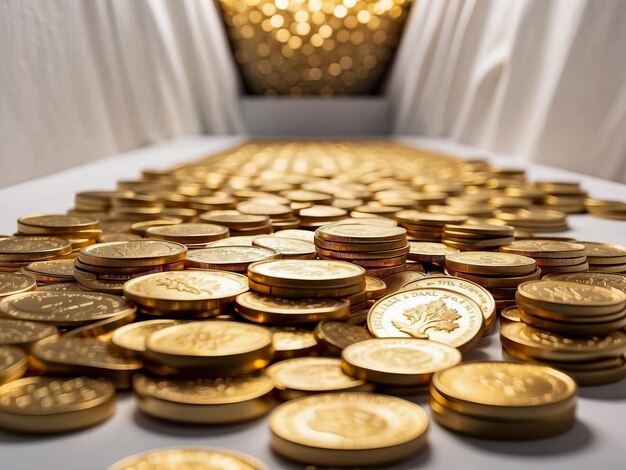 Foto muchas pilas brillantes de monedas de oro de fondo blanco