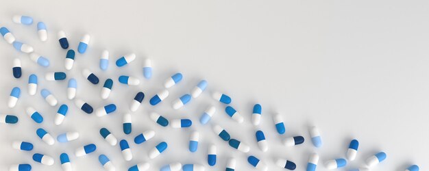 Muchas píldoras azules vertidas en diagonal sobre un fondo blanco, ilustración 3d