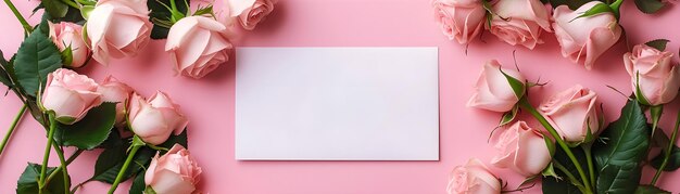 Foto muchas rosas rosas y tarjetas de papel blanco planas sobre la textura de bokeh rosado estandarte para la tarjeta del día de san valentín