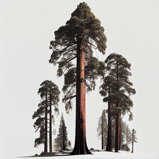 Foto muchas sequoias de california frente a una imagen generada por ia de fondo blanco