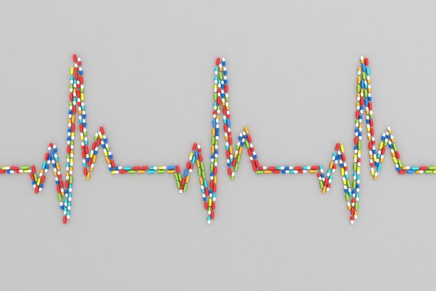 Muchas tabletas dispersas en forma de cardiograma del corazón del paciente. Ilustración 3d