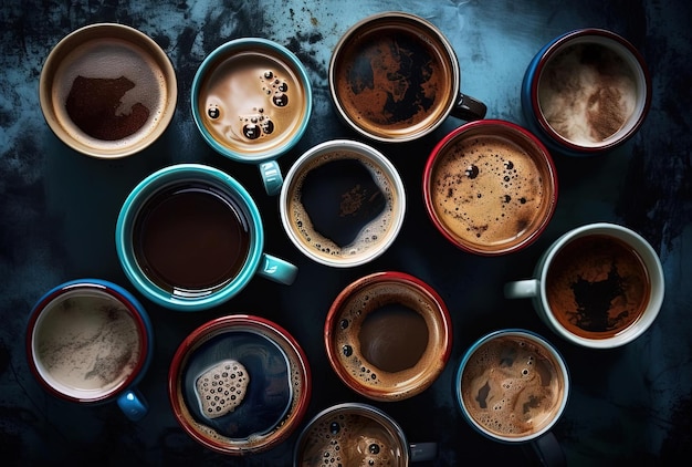 muchas tazas de café al estilo de una vista aérea