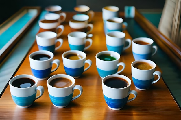 muchas tazas de café están alineadas en una mesa.