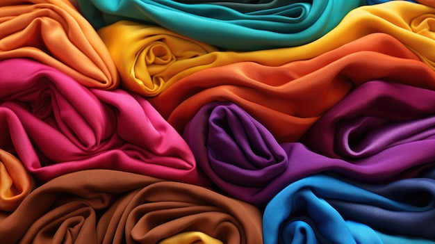 Muchas telas de colores brillantes fondo abstracto Fabricación de prendas de vestir IA