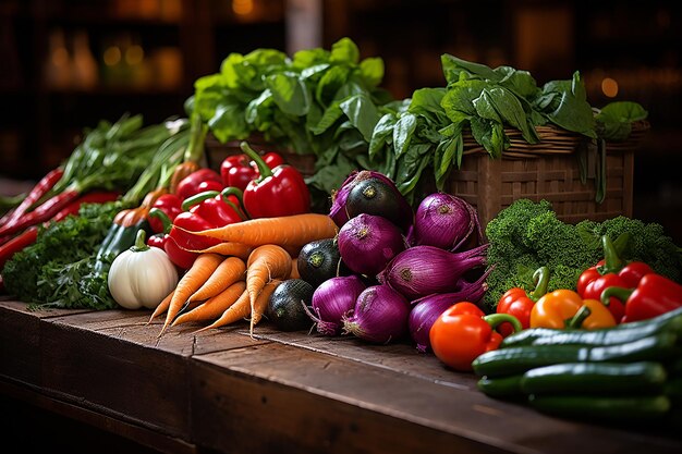 Muchas verduras diferentes en una mesa de madera dieta y vegetarianismo concepto de alimentación saludable