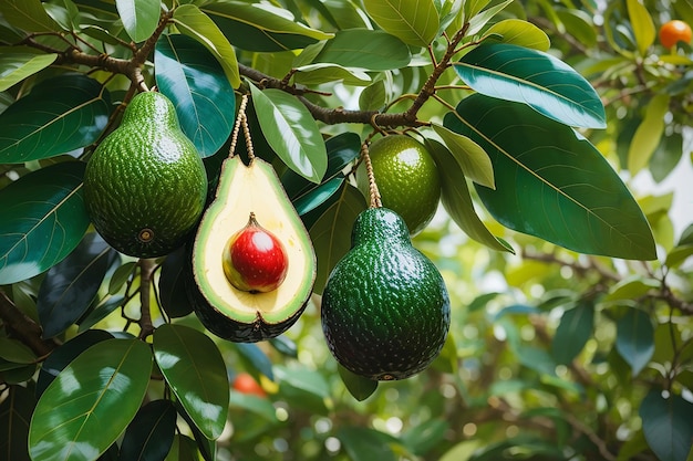 Foto muchos aguacates con aguacate partido por la mitad con semillas en un montón hay muchos aguacates verdes colgando